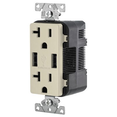 Leviton 2-Port USB Charger & Tamper-Resistant Duplex Receptacle, 20A, Light Almond